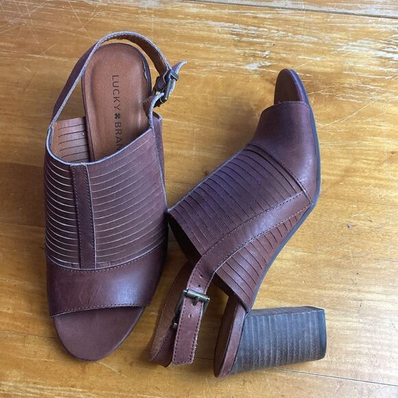 Lucky Brand Jorelie Leather Brown Sling Back Wedge Block Heel Sandals Size 8.5 - Picture 1 of 9